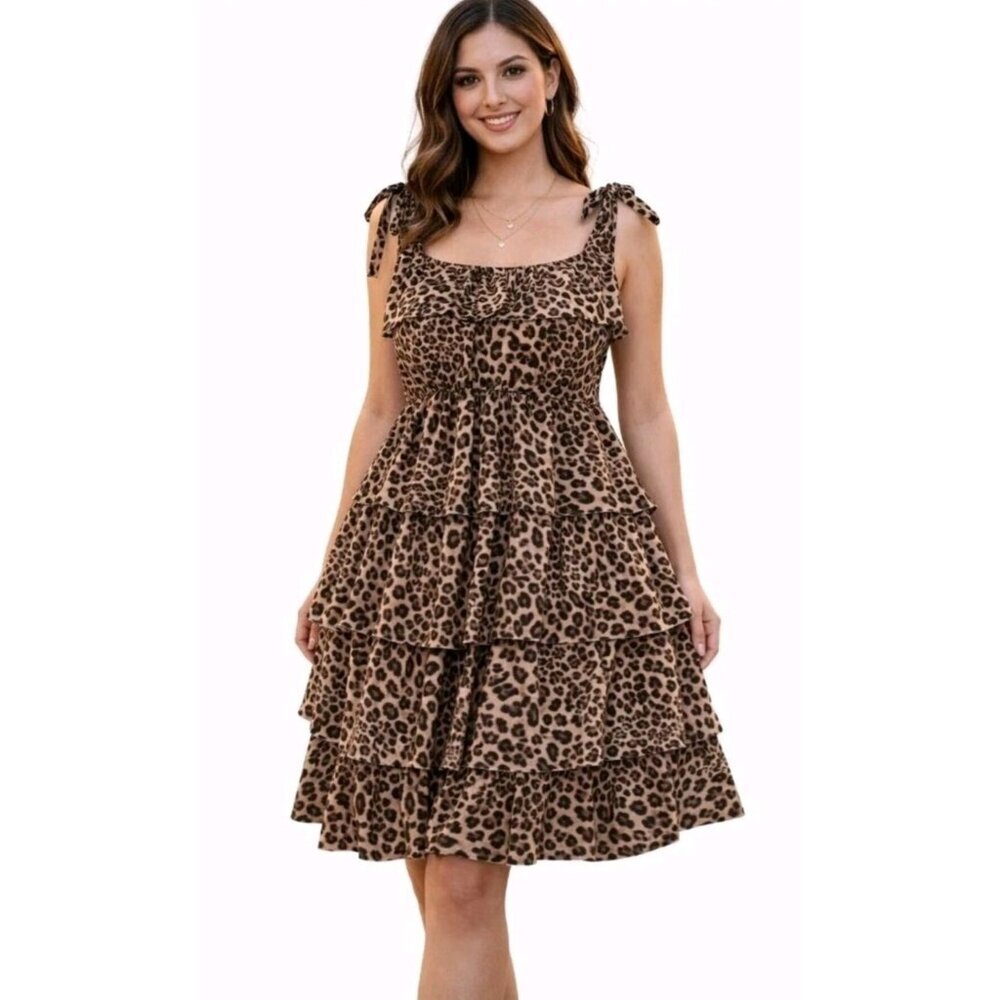 Womens Leopard Print Ruffle Dress Going Out Layered Party Event Pullover 2XL